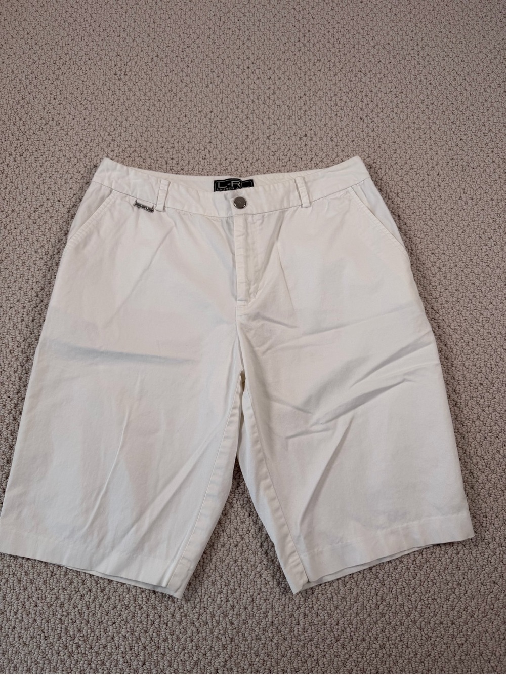 Lauren Active White Flat-Front Cotton Blend Shorts